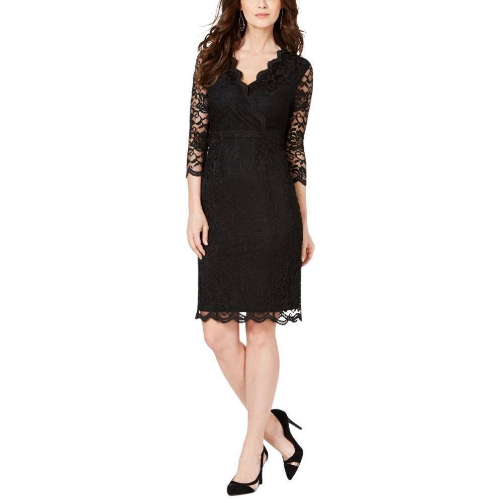 Thalia Sodi Black Sheath Dress with V-Neck and Cuffed Sleeves